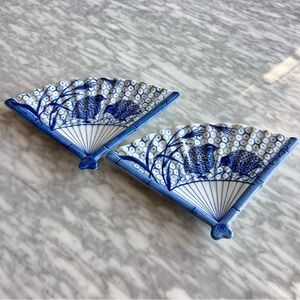 Asian Blue & White Fan-Shaped Porcelain Plates 10”